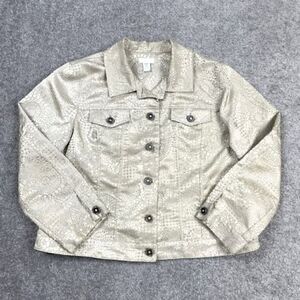 Chicos Women’s Size 2 Large Beige Button Front Jacket Floral Print Shimmer